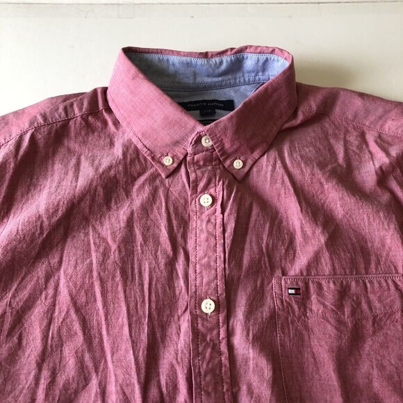 Tommy Hilfiger Men’s Button Up Shirt Custom Fit Heather Red Short Sleeve Large - Picture 8 of 15